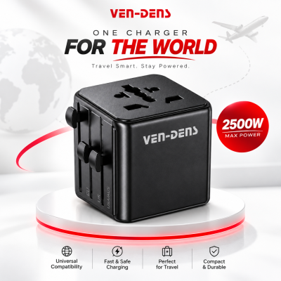 VEN-DENS 4-in-1 Universal Travel Adapter – 2500W Fast Charging All-in-One World Travel Plug with EU, AU, UK, US Pins & Child Safety Shutter